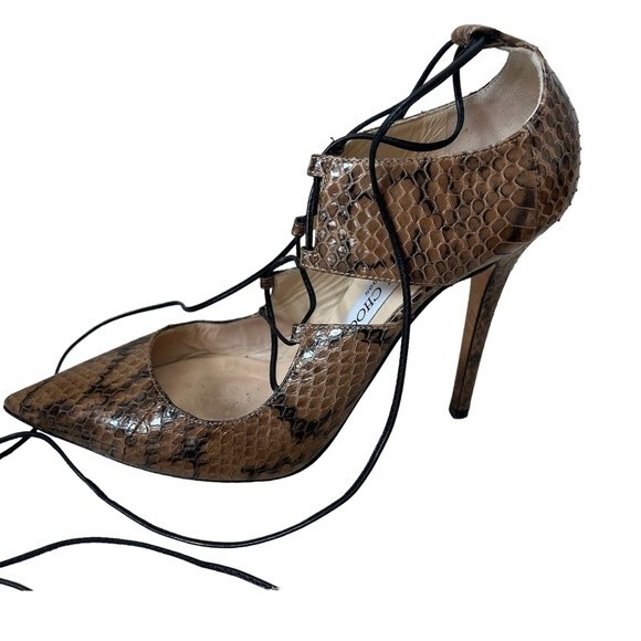 Jimmy Choo “Hoops” Snake Skin Sexy Lace Up Pumps size 37 1/2 - Picture 1 of 12
